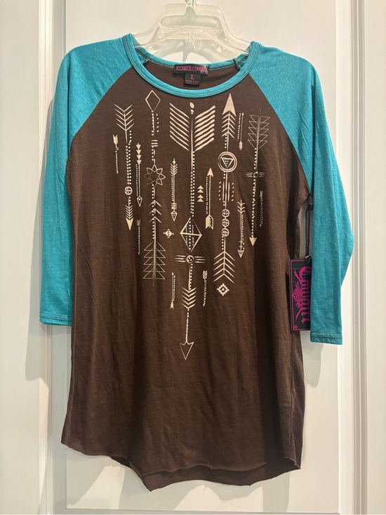 Rock & Roll Cowgirl Tops - Rock & Roll Cowgirl Arrow Graphic Raglan Top Turquoise Brown Large NWT